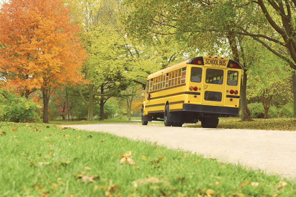 school bus driving down road during fall